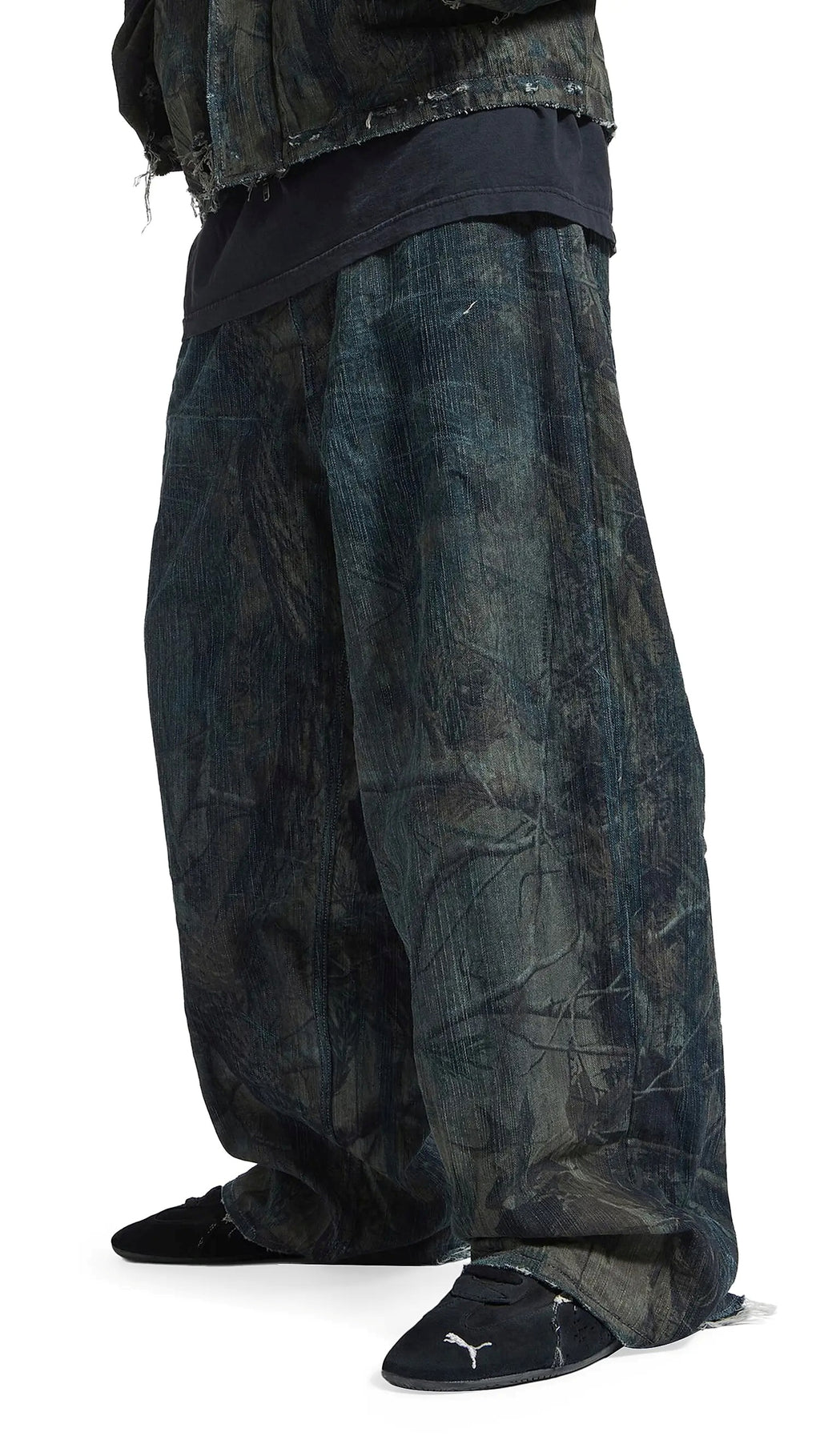 BALENCIAGA Wide-Leg Distressed Camouflage-Print Jeans