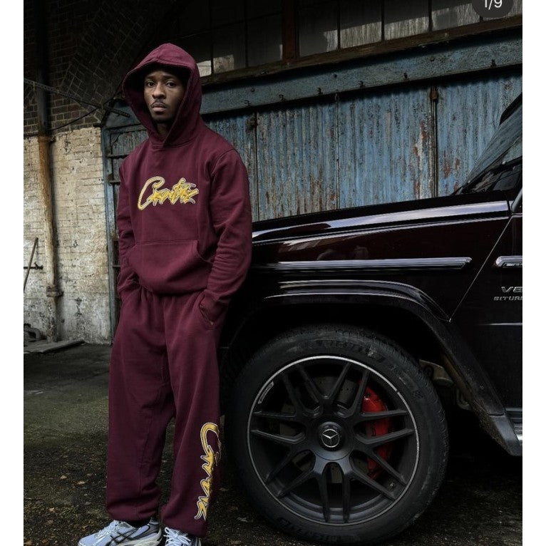 Corteiz Satin Applique Allstarz Hoodie & Pants Set/Suit - Maroon
