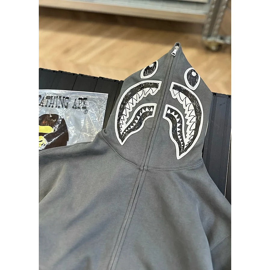A Bathing Ape BAPE Hand Drawn Face Shark Full Zip Hoodie - Grey