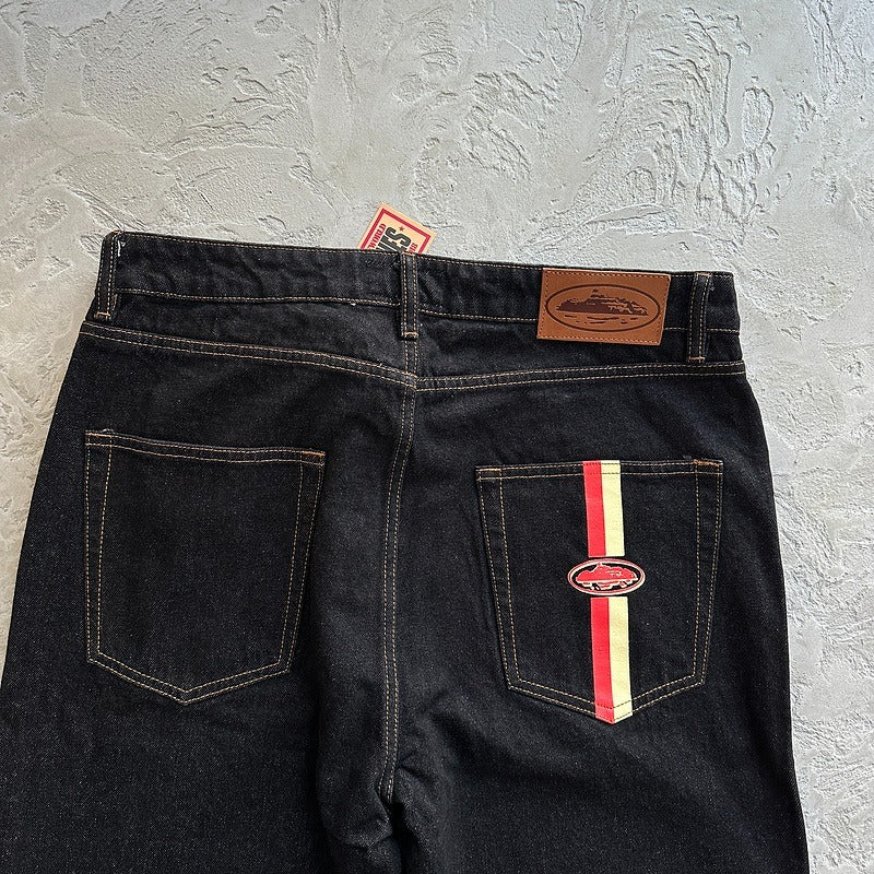 DUAL STRIPE BAGGY JEANS [BLACK WASH] - Corteiz
