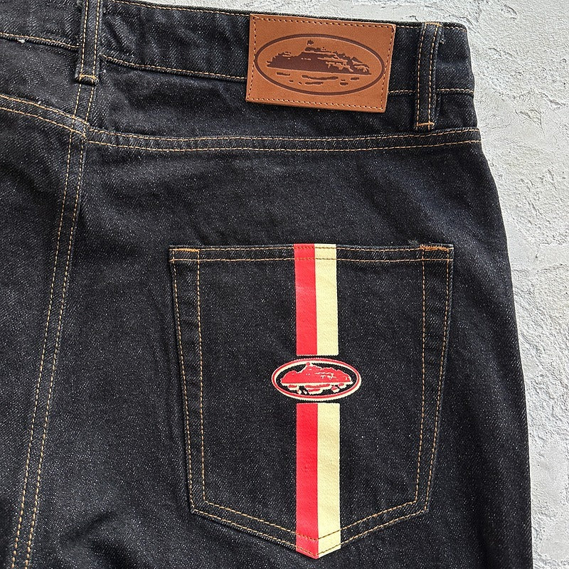 DUAL STRIPE BAGGY JEANS [BLACK WASH] - Corteiz