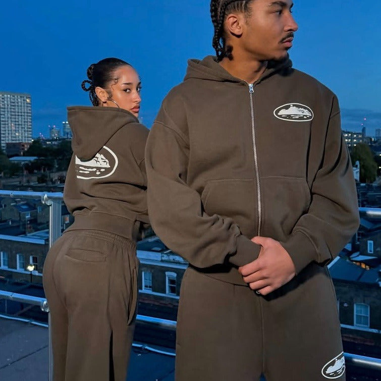 Corteiz Island Puff Print Zip Hoodie & Pants Set - Brown