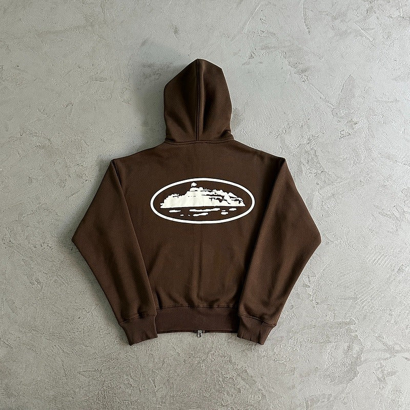 Corteiz Island Puff Print Zip Hoodie & Pants Set - Brown