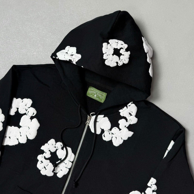Black Cotton-Wreath Zipper Hoodie - DNM.TRS