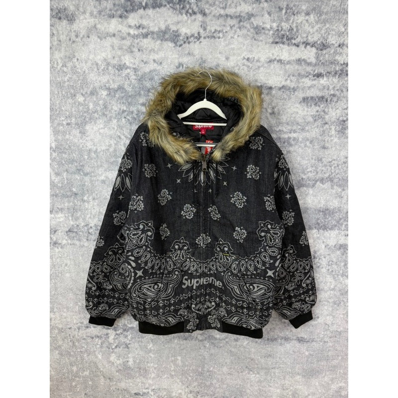 Supreme Bandana Jacquard Denim Hooded Work Jacket [Black/Blue]