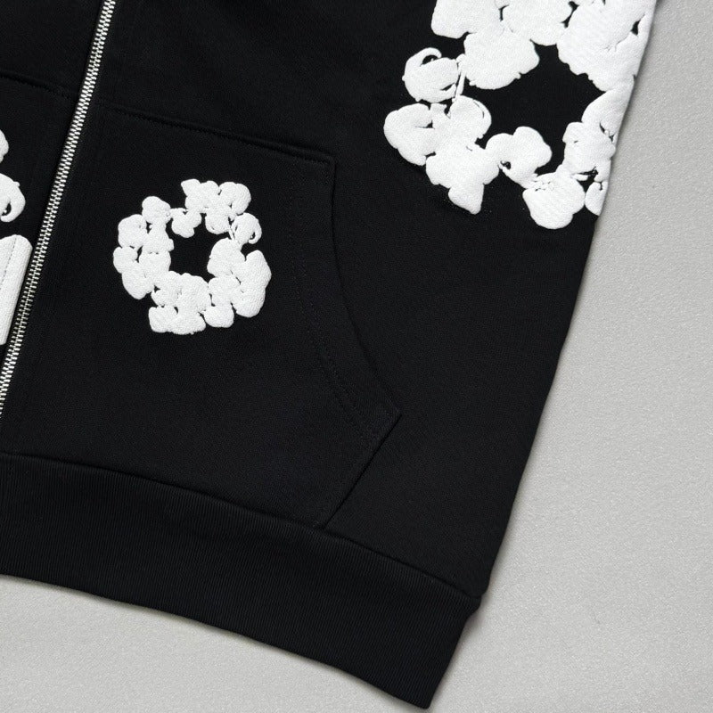 Black Cotton-Wreath Zipper Hoodie - DNM.TRS