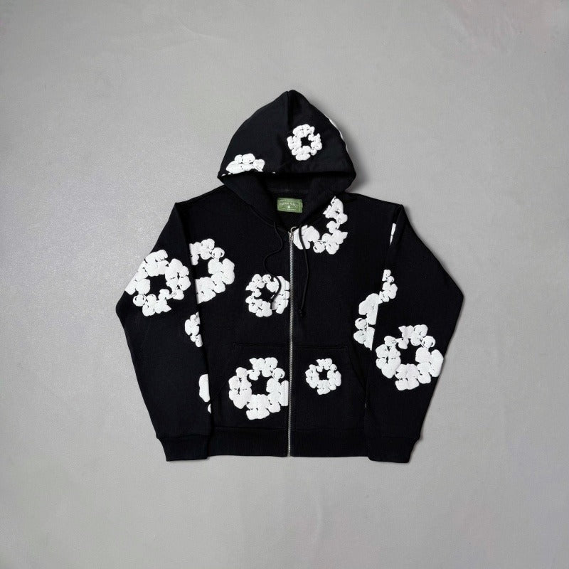 Black Cotton-Wreath Zipper Hoodie - DNM.TRS