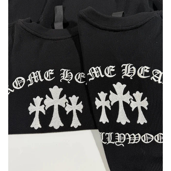 Black Henley Button Thermal Long Sleeve Shirt - Chrome Hearts