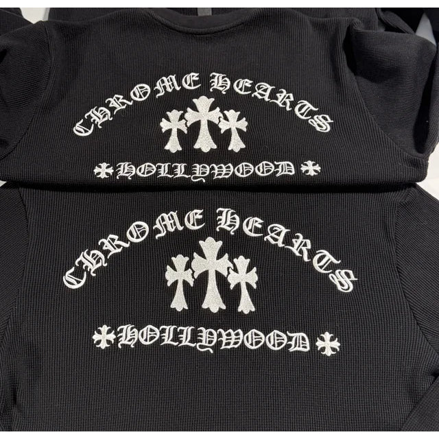 Black Henley Button Thermal Long Sleeve Shirt - Chrome Hearts