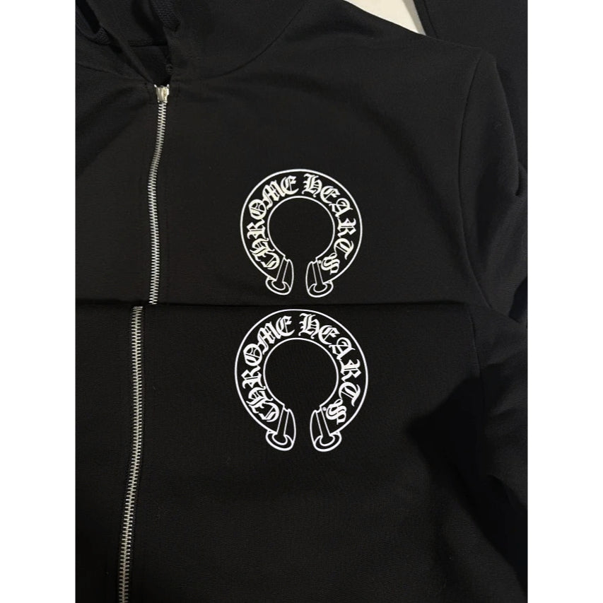 Horseshoe Floral Cross Sleeve Zip Up Hoodie (Silver Chrome Dagger Zipper Pull) - CHRM HRTS