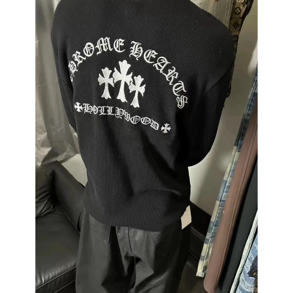 Black Henley Button Thermal Long Sleeve Shirt - Chrome Hearts