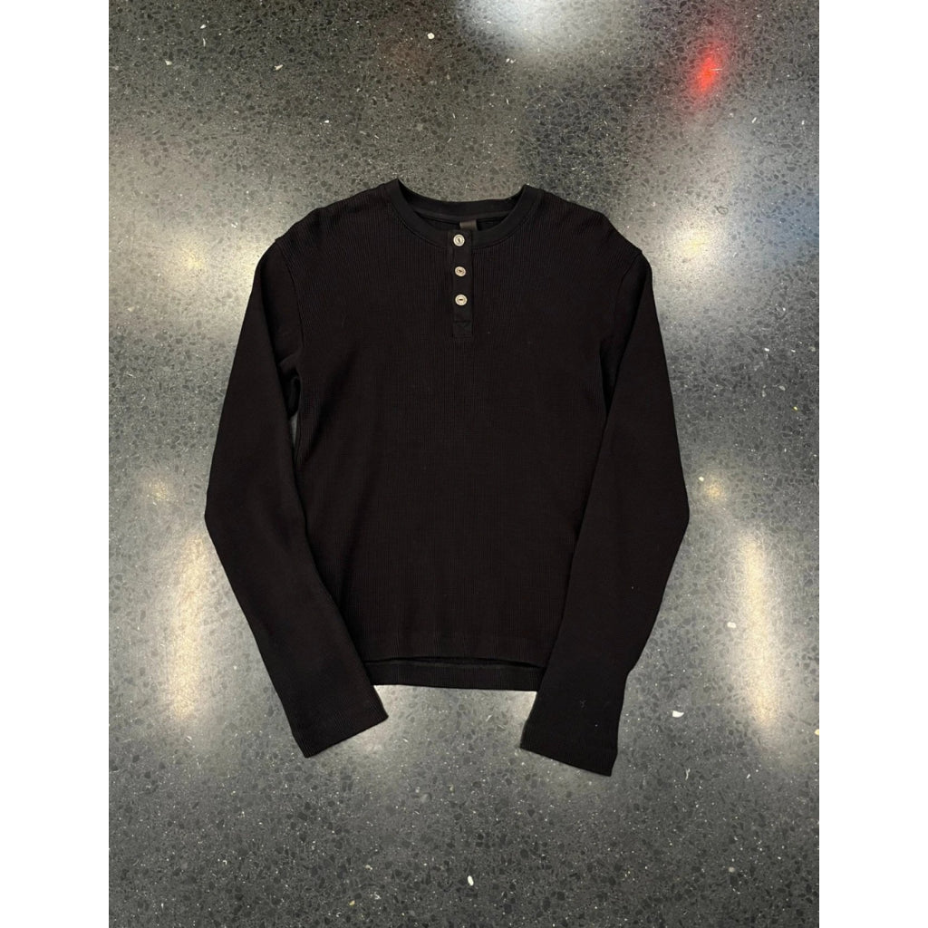 Black Henley Button Thermal Long Sleeve Shirt - Chrome Hearts