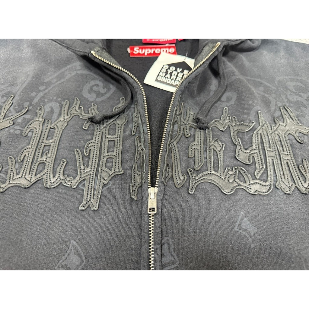 Leather Applique Zip Up Hooded Sweatshirt Black - SUP.