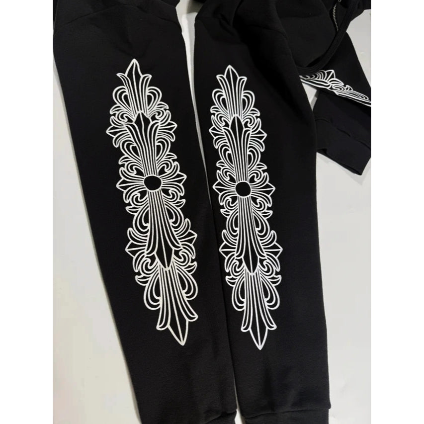Horseshoe Floral Cross Sleeve Zip Up Hoodie (Silver Chrome Dagger Zipper Pull) - CHRM HRTS