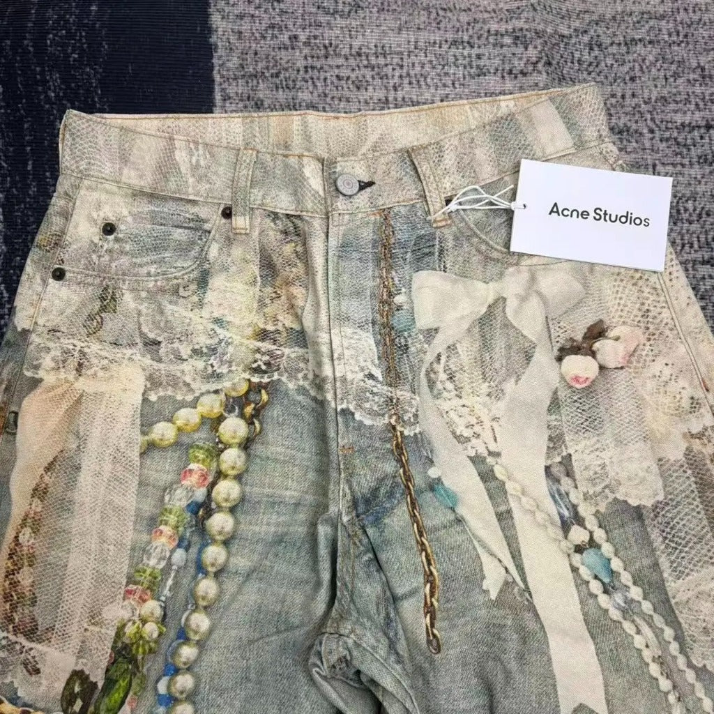 ACN STD 'Lace chains' 1981 Dusty Blue Jeans (Baggy Fit - 3D Print Trompe L'oeil Optical Illusion)