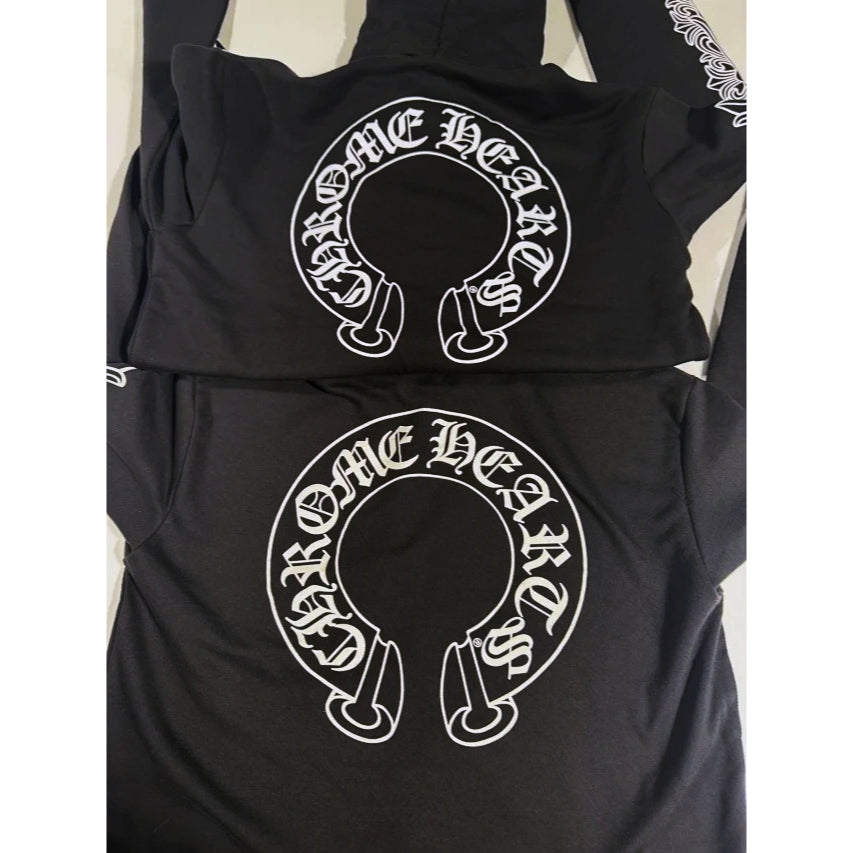 Horseshoe Floral Cross Sleeve Zip Up Hoodie (Silver Chrome Dagger Zipper Pull) - CHRM HRTS