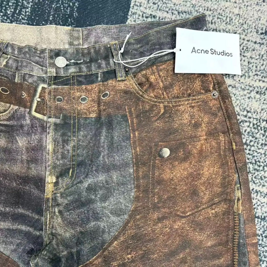 ACN STD Brown Leather chaps Pentyone Blue Denim Pant [3D Trompe L'oeil]