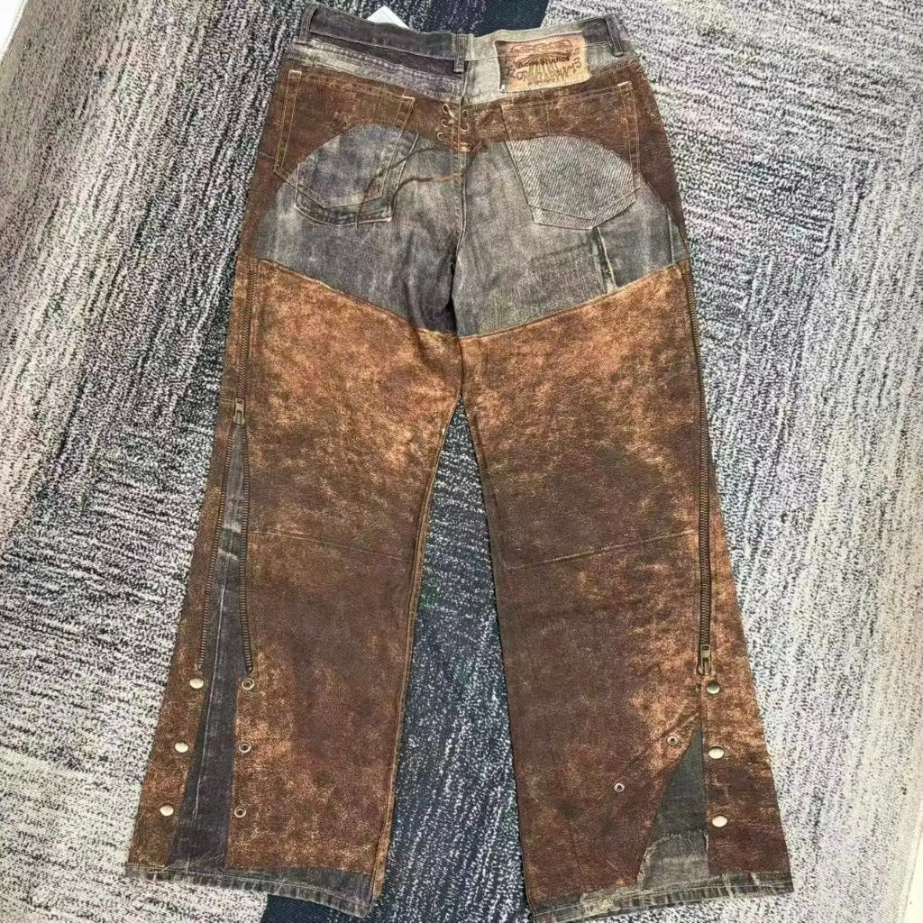ACN STD Brown Leather chaps Pentyone Blue Denim Pant [3D Trompe L'oeil]