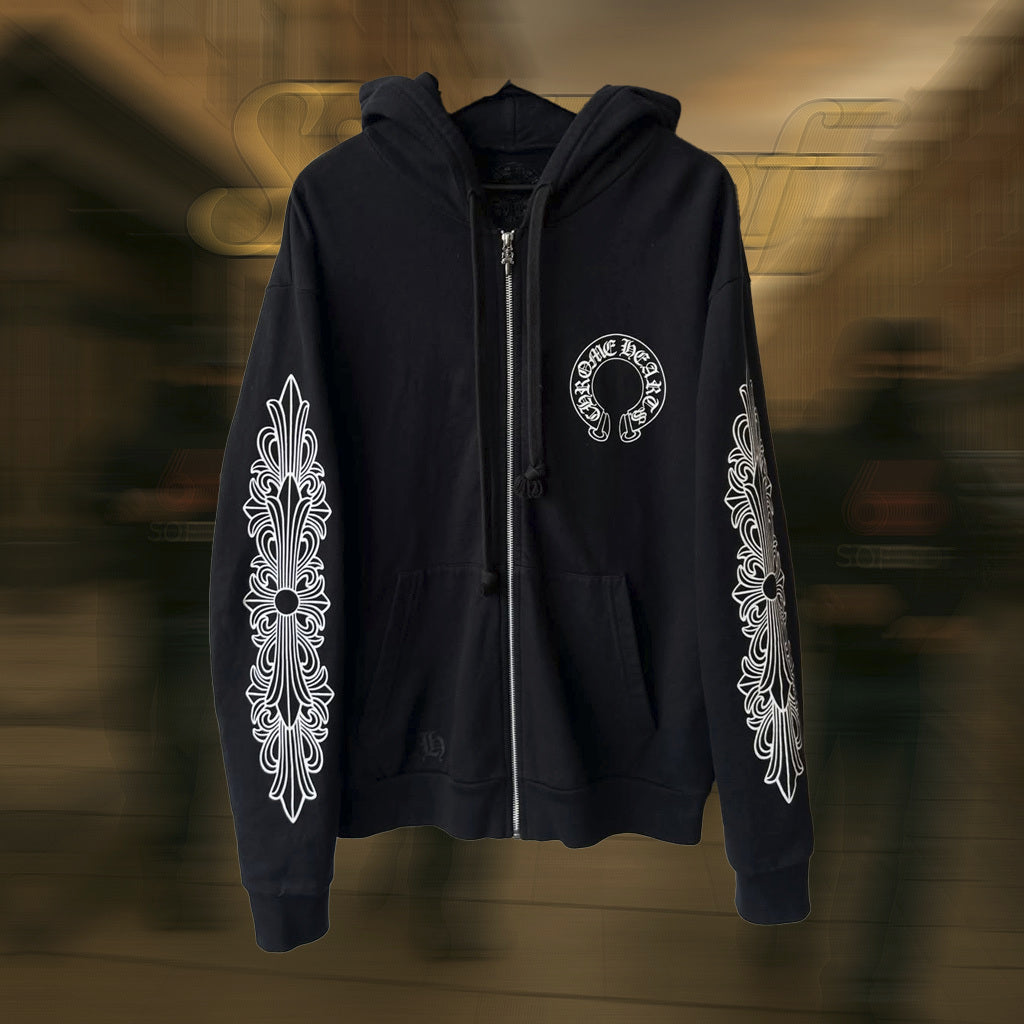 Horseshoe Floral Cross Sleeve Zip Up Hoodie (Silver Chrome Dagger Zipper Pull) - CHRM HRTS
