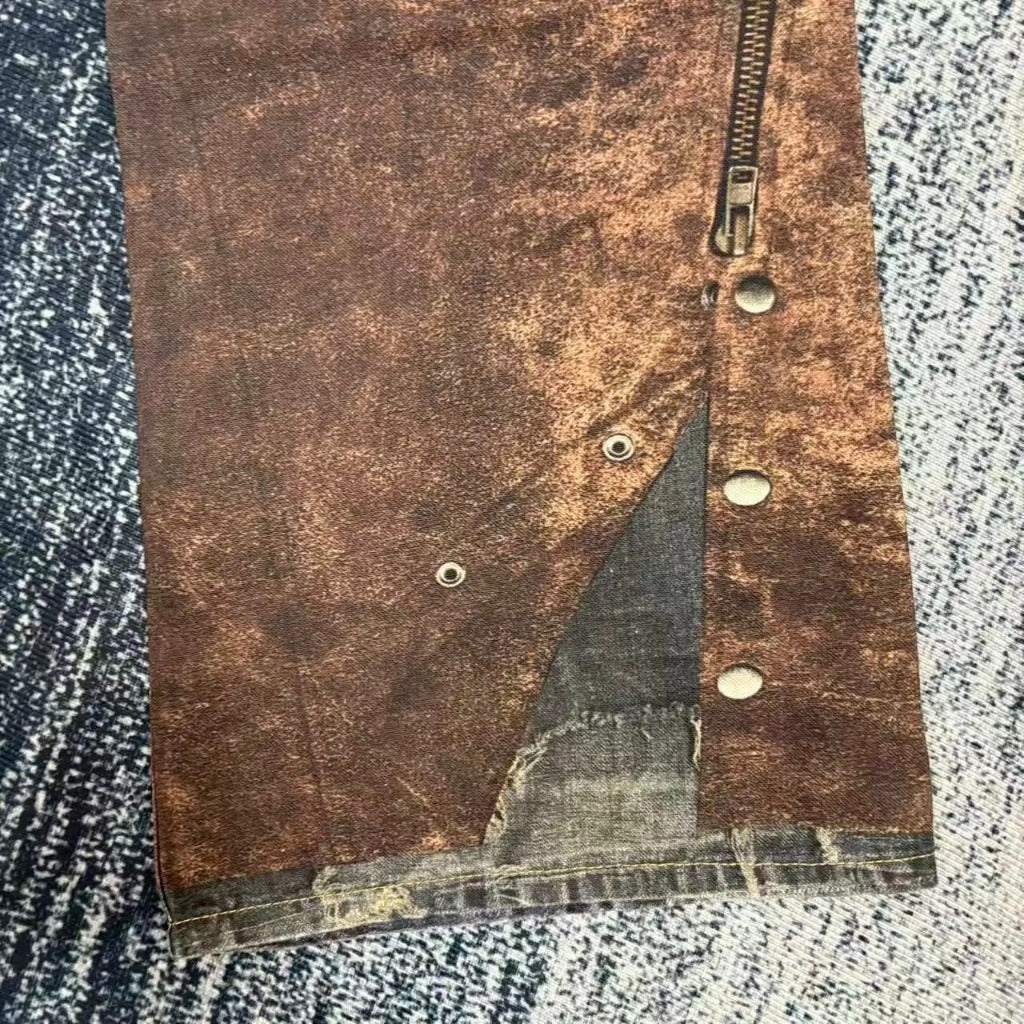 ACN STD Brown Leather chaps Pentyone Blue Denim Pant [3D Trompe L'oeil]