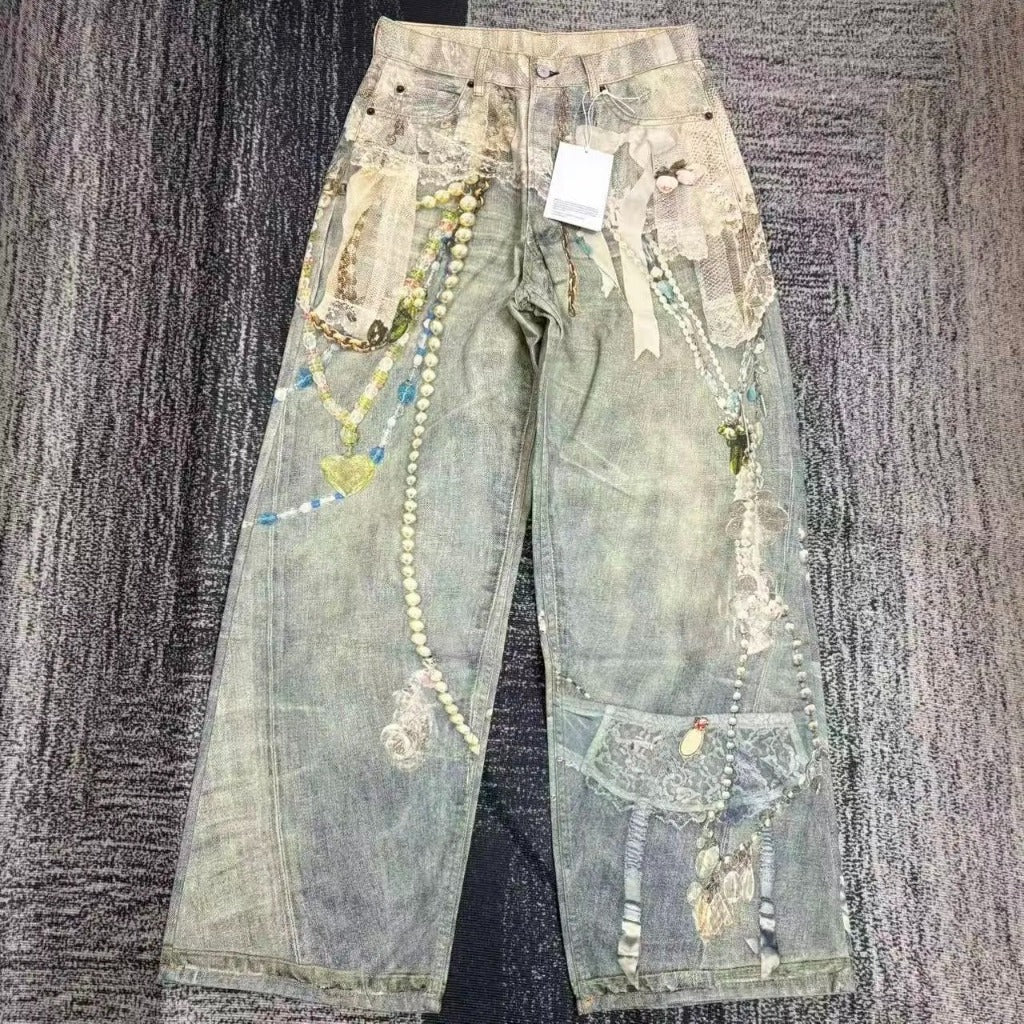 ACN STD 'Lace chains' 1981 Dusty Blue Jeans (Baggy Fit - 3D Print Trompe L'oeil Optical Illusion)