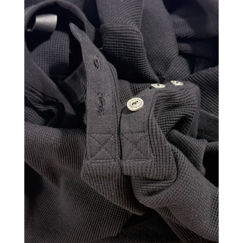 Black Henley Button Thermal Long Sleeve Shirt - Chrome Hearts
