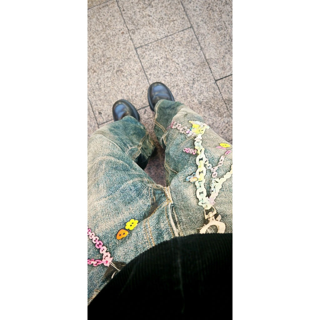 ACN STD 'Lace chains' 1981 Dusty Blue Jeans (Baggy Fit - 3D Print Trompe L'oeil Optical Illusion)