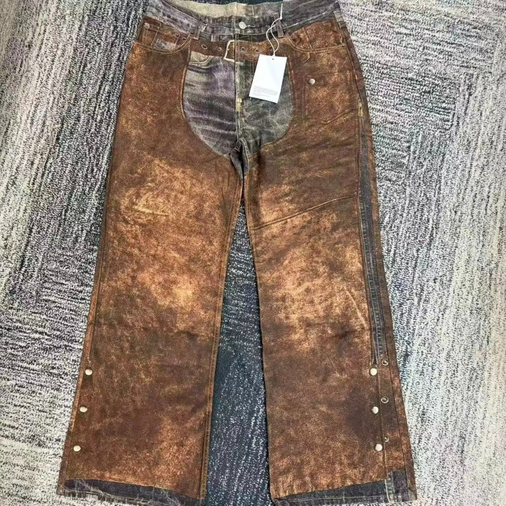 ACN STD Brown Leather chaps Pentyone Blue Denim Pant [3D Trompe L'oeil]