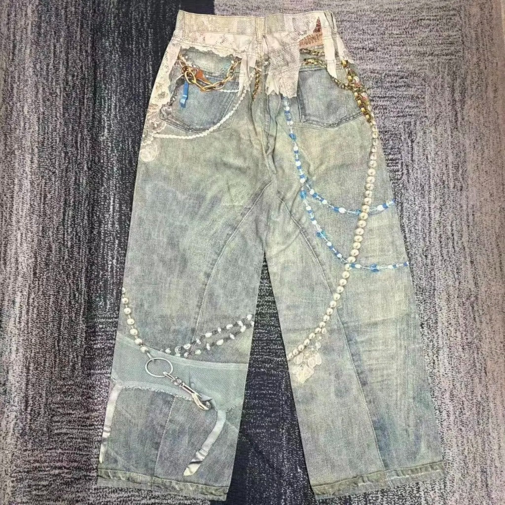 ACN STD 'Lace chains' 1981 Dusty Blue Jeans (Baggy Fit - 3D Print Trompe L'oeil Optical Illusion)