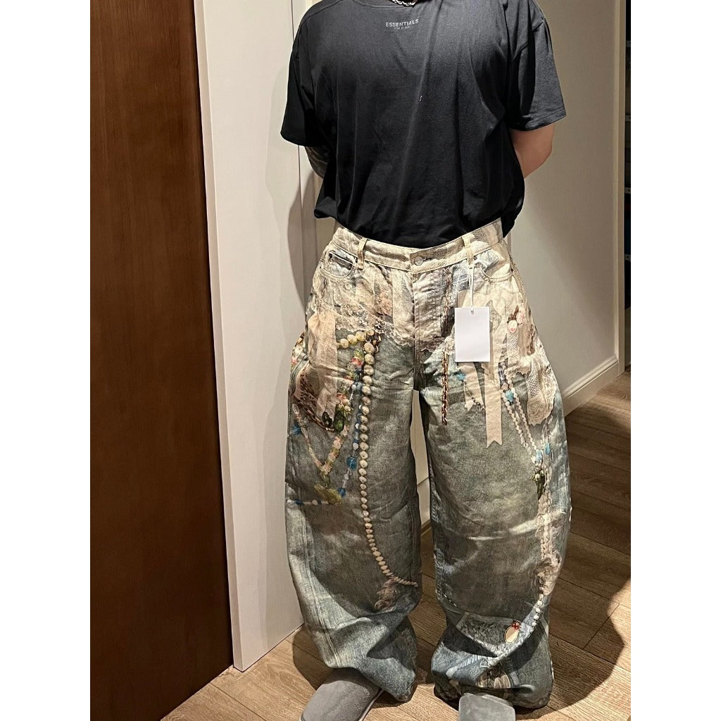 ACN STD 'Lace chains' 1981 Dusty Blue Jeans (Baggy Fit - 3D Print Trompe L'oeil Optical Illusion)