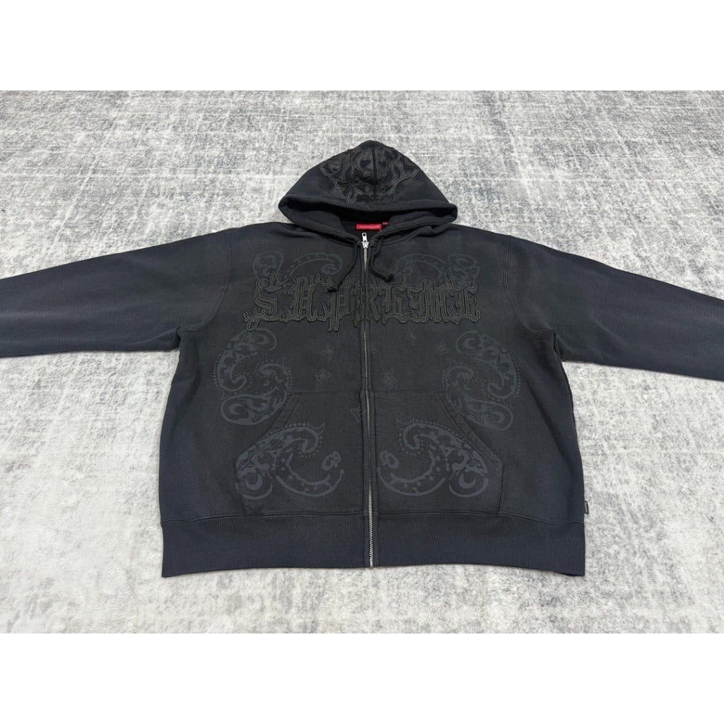 Leather Applique Zip Up Hooded Sweatshirt Black - SUP.