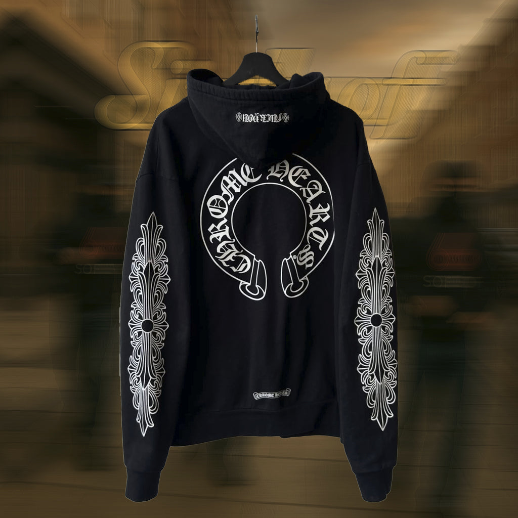 Horseshoe Floral Cross Sleeve Zip Up Hoodie (Silver Chrome Dagger Zipper Pull) - CHRM HRTS