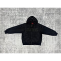 Leather Applique Zip Up Hooded Sweatshirt Black - SUP.