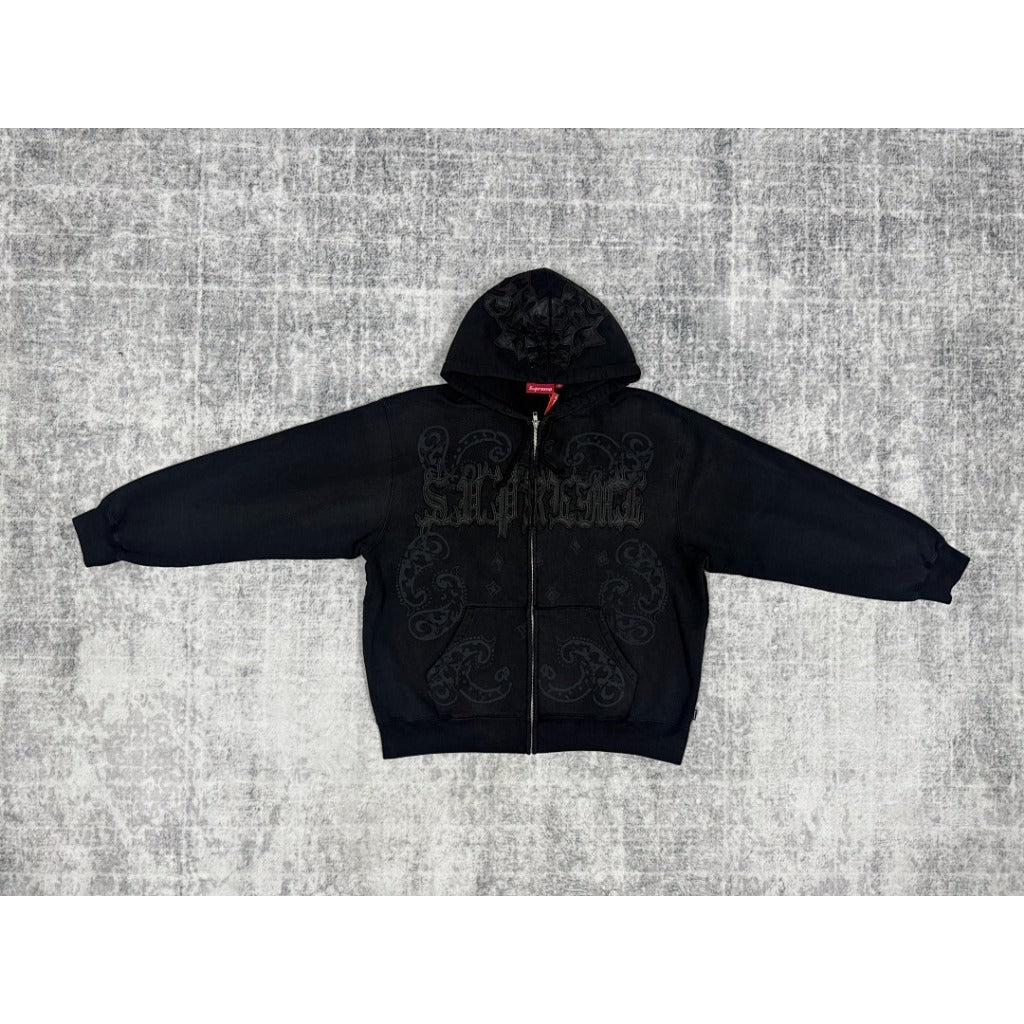 Leather Applique Zip Up Hooded Sweatshirt Black - SUP.