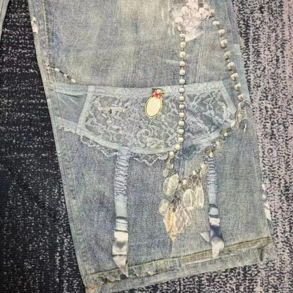 ACN STD 'Lace chains' 1981 Dusty Blue Jeans (Baggy Fit - 3D Print Trompe L'oeil Optical Illusion)