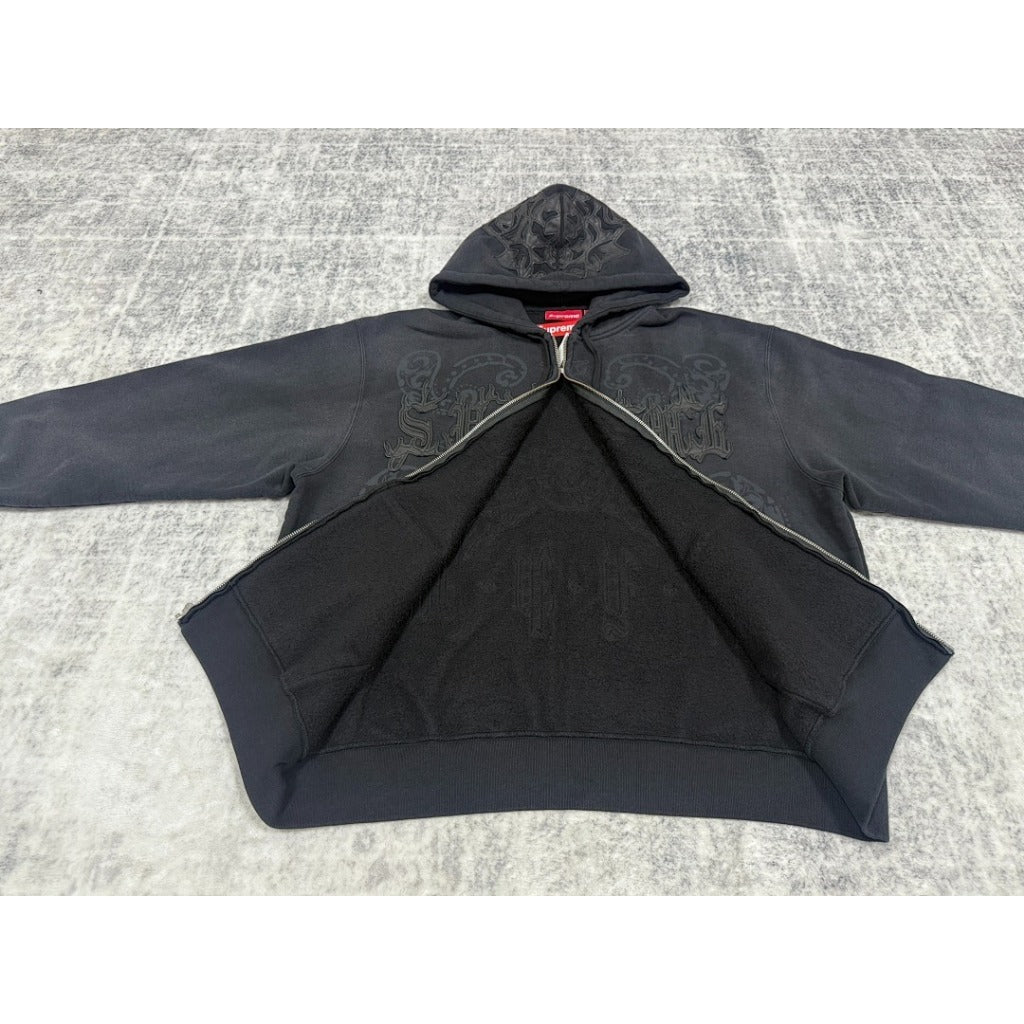 Leather Applique Zip Up Hooded Sweatshirt Black - SUP.