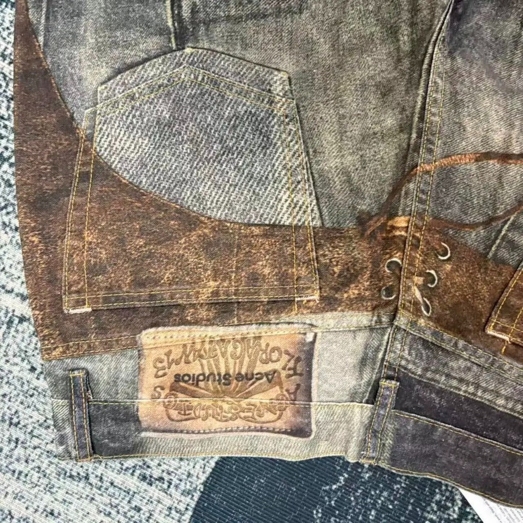 ACN STD Brown Leather chaps Pentyone Blue Denim Pant [3D Trompe L'oeil]
