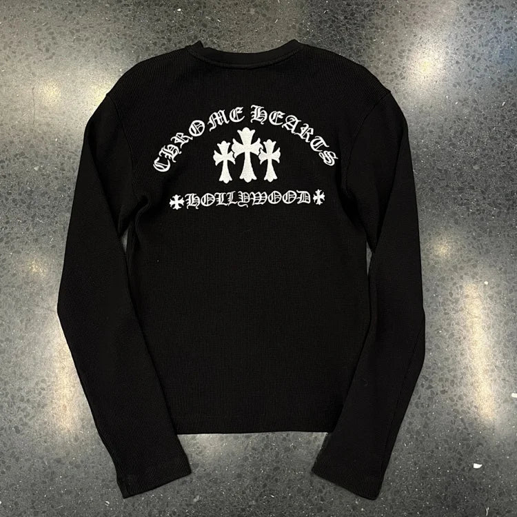 Black Henley Button Thermal Long Sleeve Shirt - Chrome Hearts