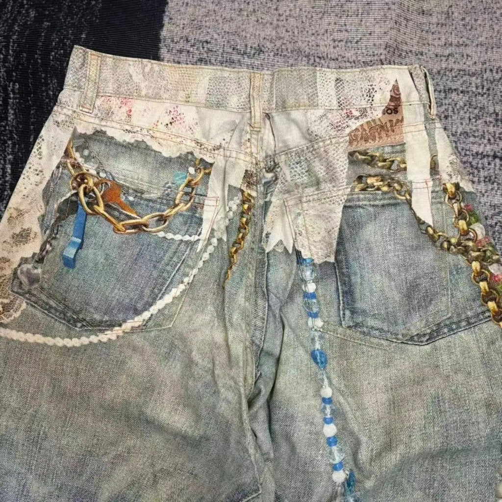 ACN STD 'Lace chains' 1981 Dusty Blue Jeans (Baggy Fit - 3D Print Trompe L'oeil Optical Illusion)