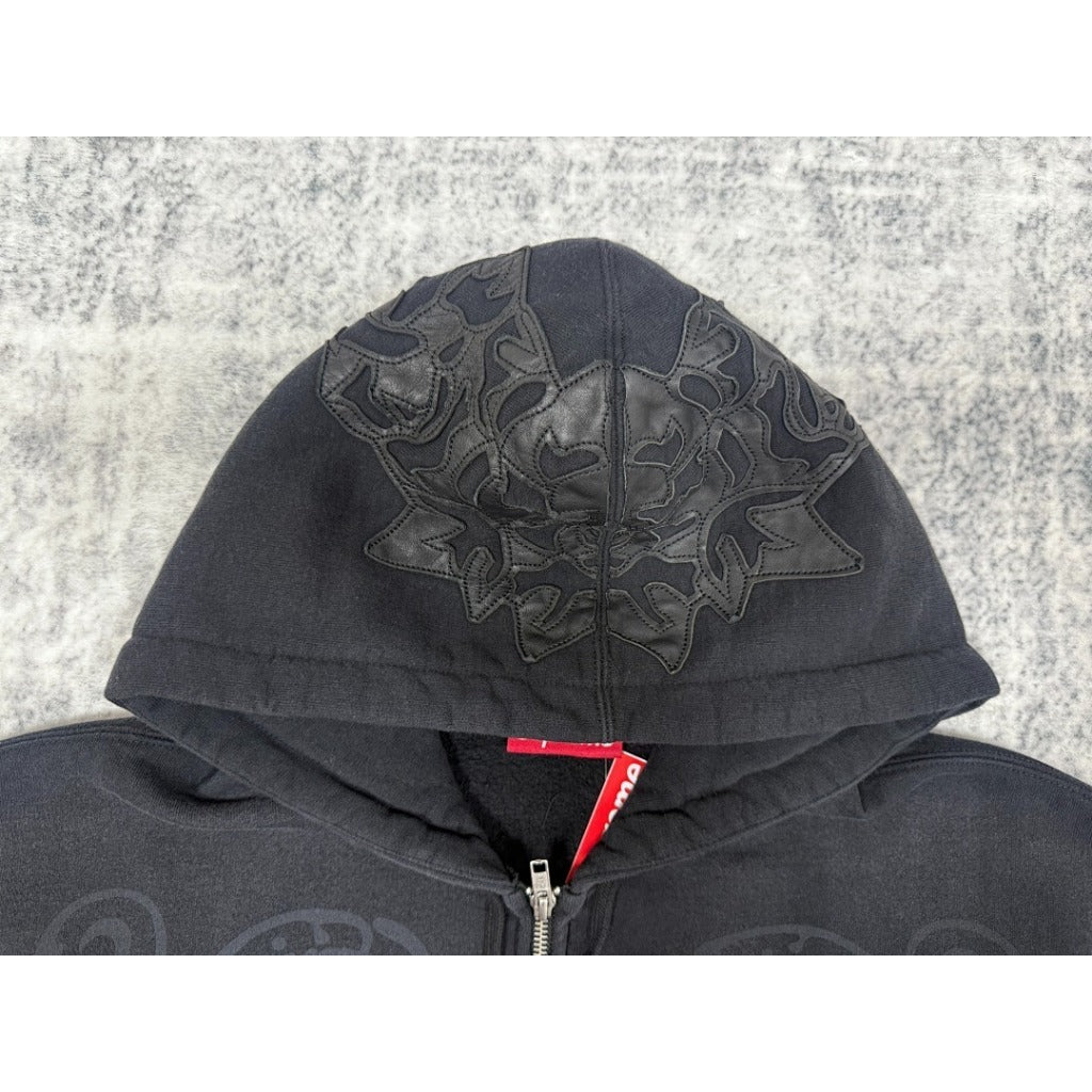 Leather Applique Zip Up Hooded Sweatshirt Black - SUP.