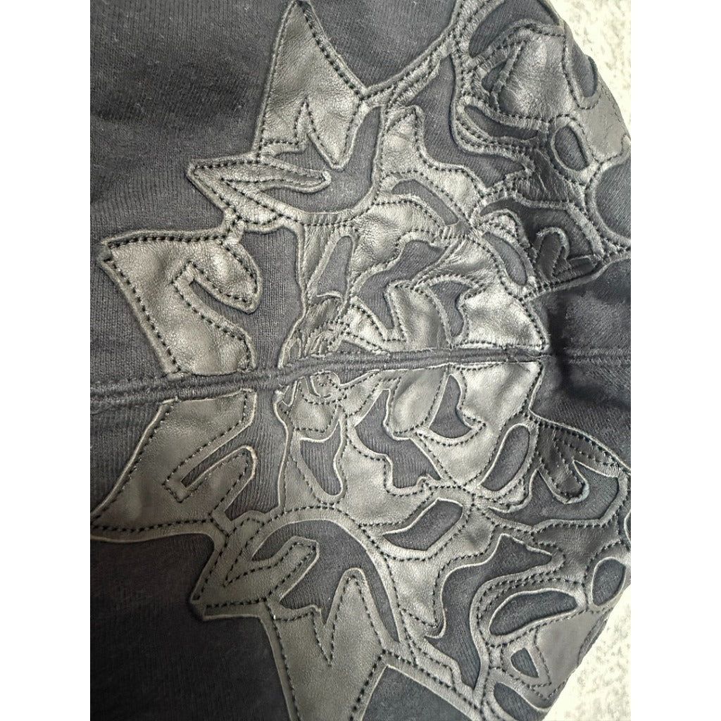 Leather Applique Zip Up Hooded Sweatshirt Black - SUP.