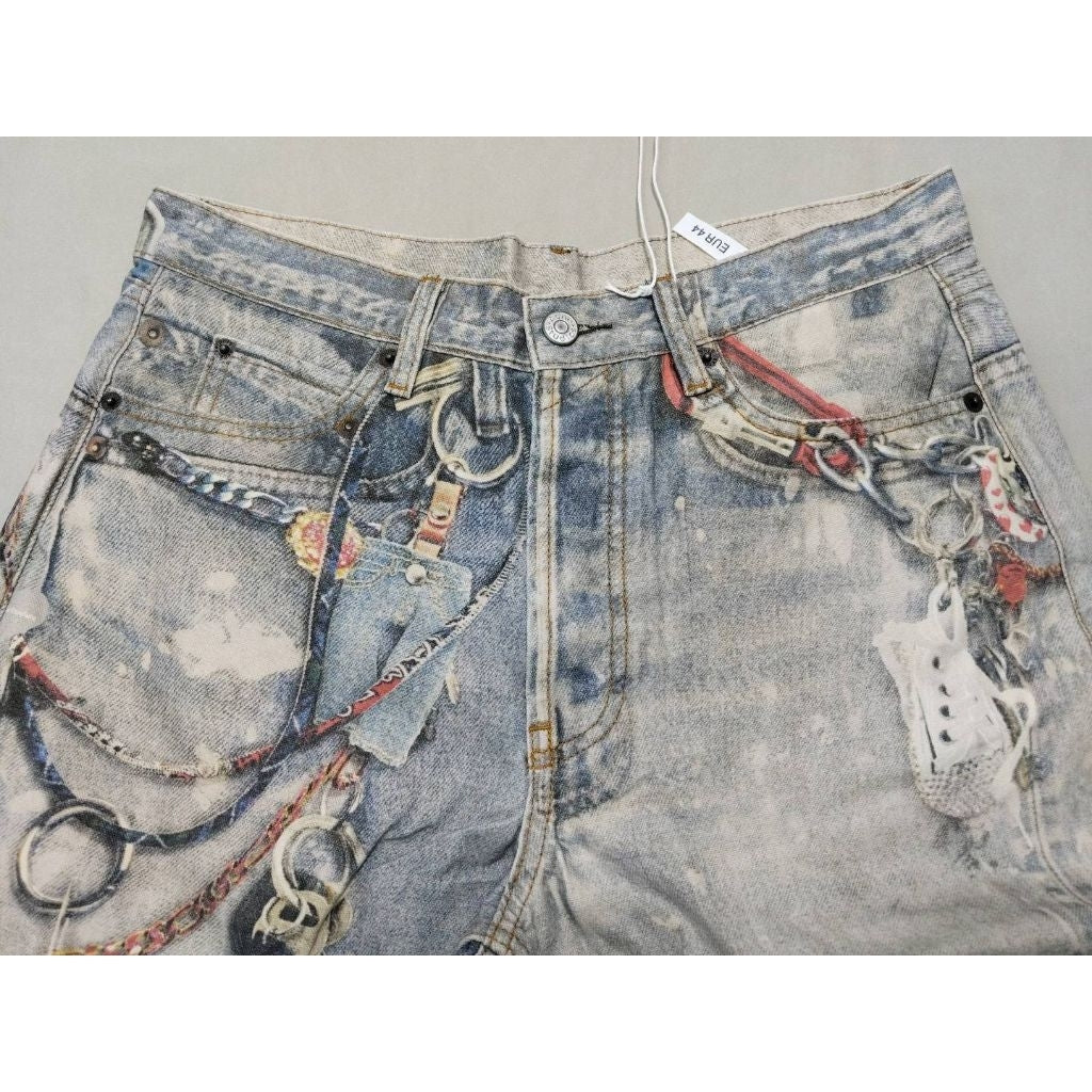 Acne Studios 'Digital Key chains' 1981 Dusty Blue Jeans (Baggy Fit - 3D Print Trompe L'oeil Optical Illusion)