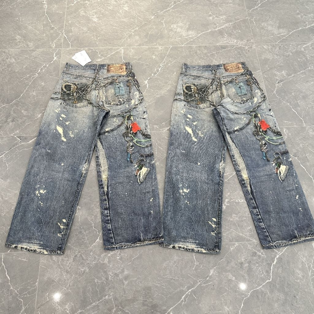Acne Studios 'Digital Key chains' 1981 Dusty Blue Jeans (Baggy Fit - 3D Print Trompe L'oeil Optical Illusion)