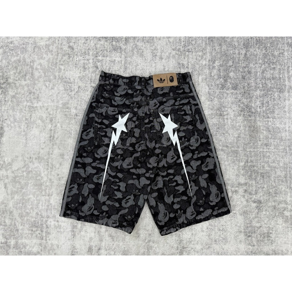 A Bathing Ape x Adidas Originals Camo Jacquard Shark Denim Jorts 'Black'