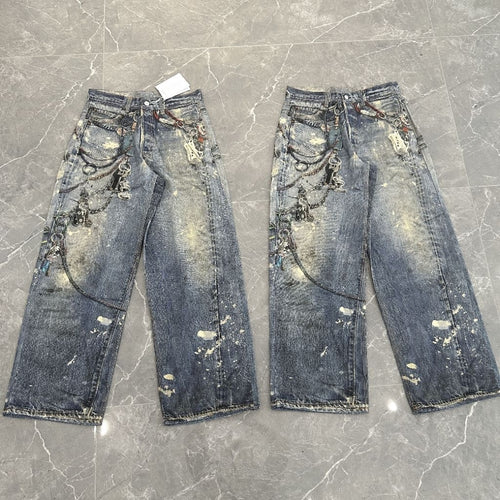 Acne Studios 'Digital Key chains' 1981 Dusty Blue Jeans (Baggy Fit - 3D Print Trompe L'oeil Optical Illusion)