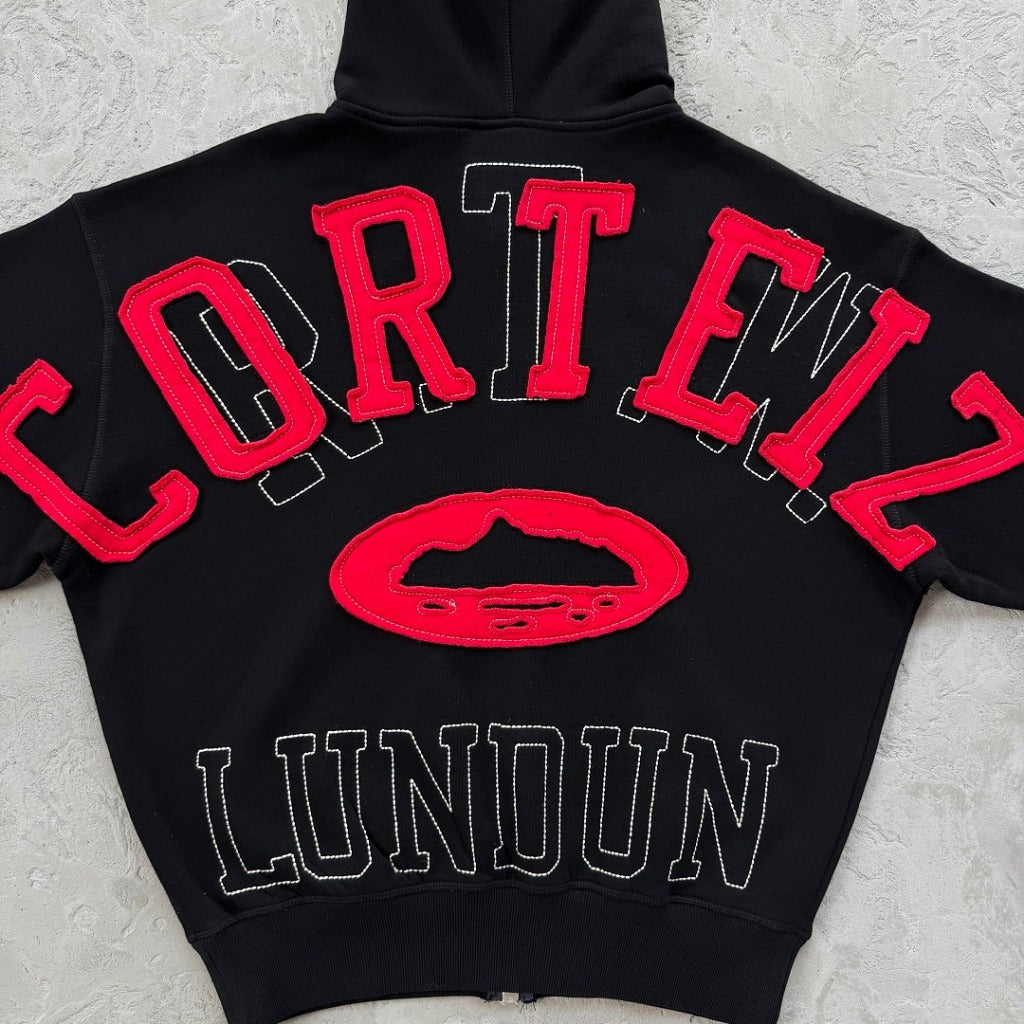 Lundun Stitch Zip Hoodie - Triple Black/ Black Red