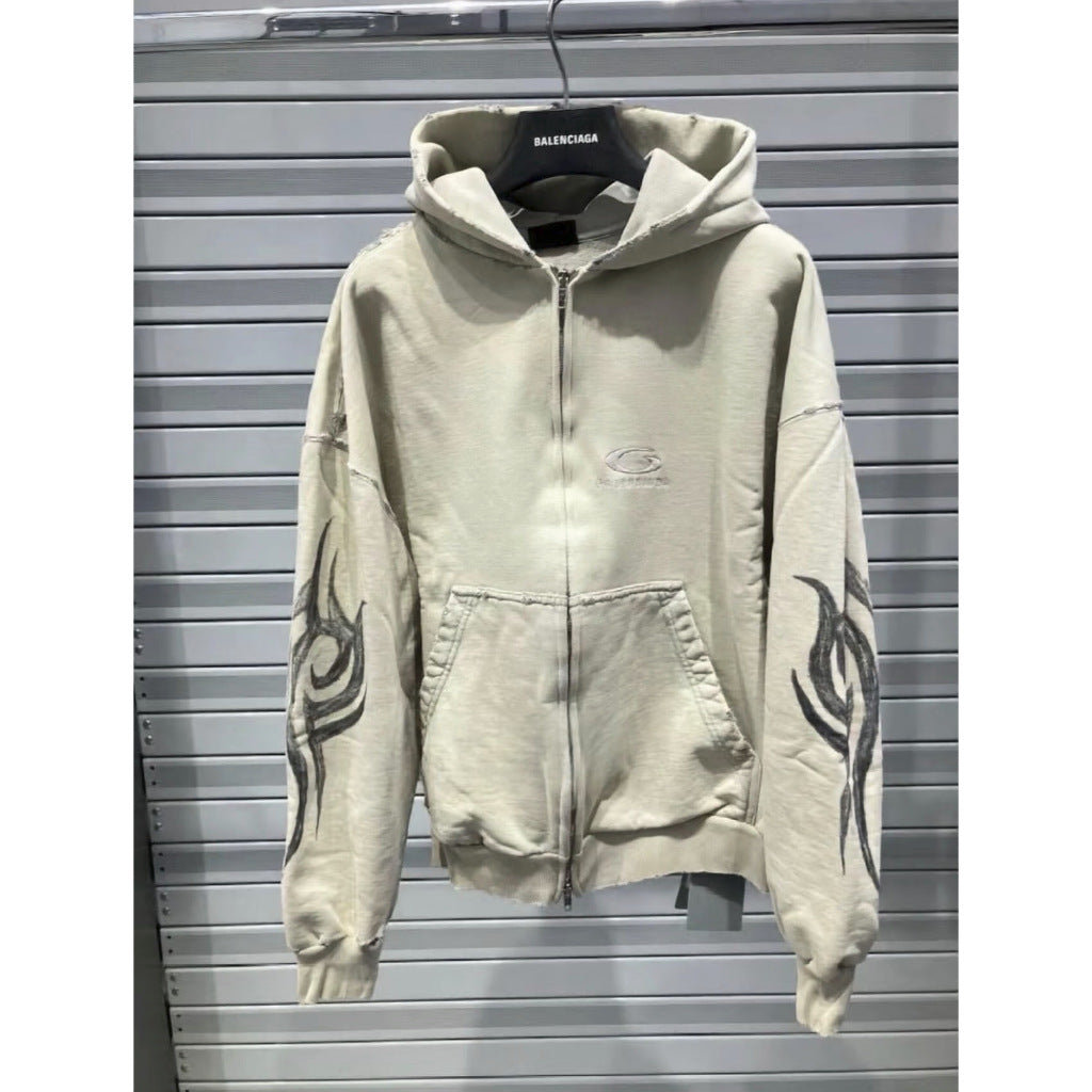 2024 "Y2K" Distressed Logo Tribal AW24 Crop Zip Hoodie - Balenciaga