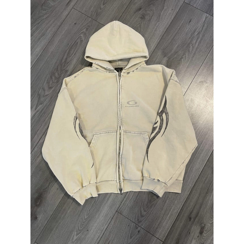 2024 "Y2K" Distressed Logo Tribal AW24 Crop Zip Hoodie - Balenciaga