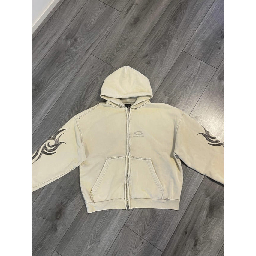 2024 "Y2K" Distressed Logo Tribal AW24 Crop Zip Hoodie - Balenciaga
