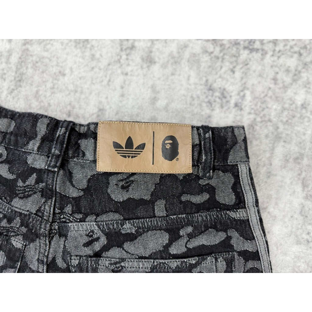 A Bathing Ape x Adidas Originals Camo Jacquard Shark Denim Jorts 'Black'